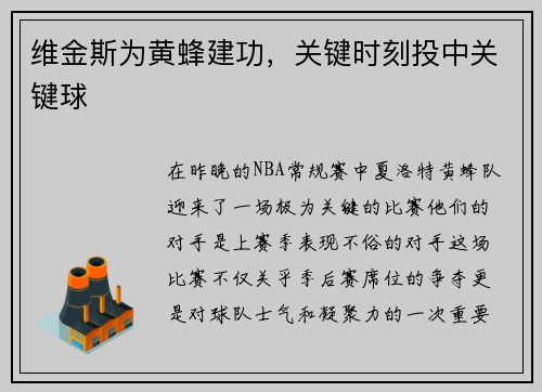 维金斯为黄蜂建功，关键时刻投中关键球