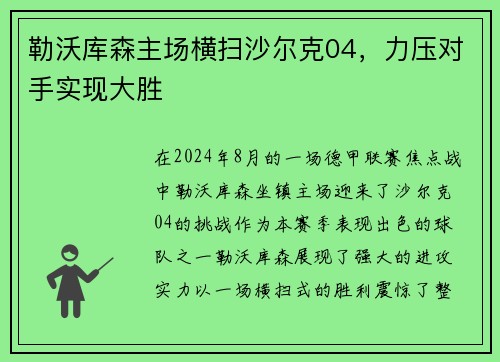 勒沃库森主场横扫沙尔克04，力压对手实现大胜
